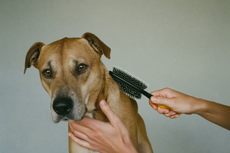 A dog standing calmly while its coat is brushed through