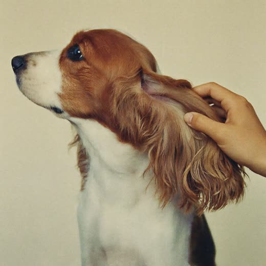 A spaniel's long ear being gently lifted and checked